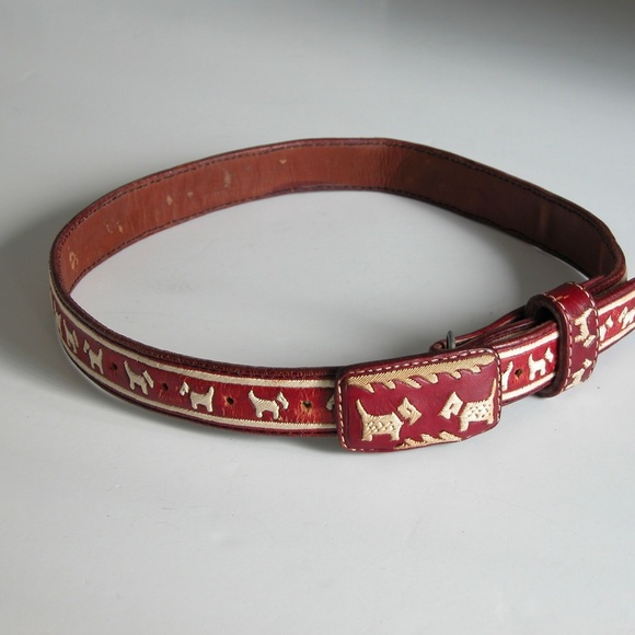 Vtg 70s Red Leather Hippie Belt Embroidered Scottie Dog Terrier Belt S-M Western main image 6